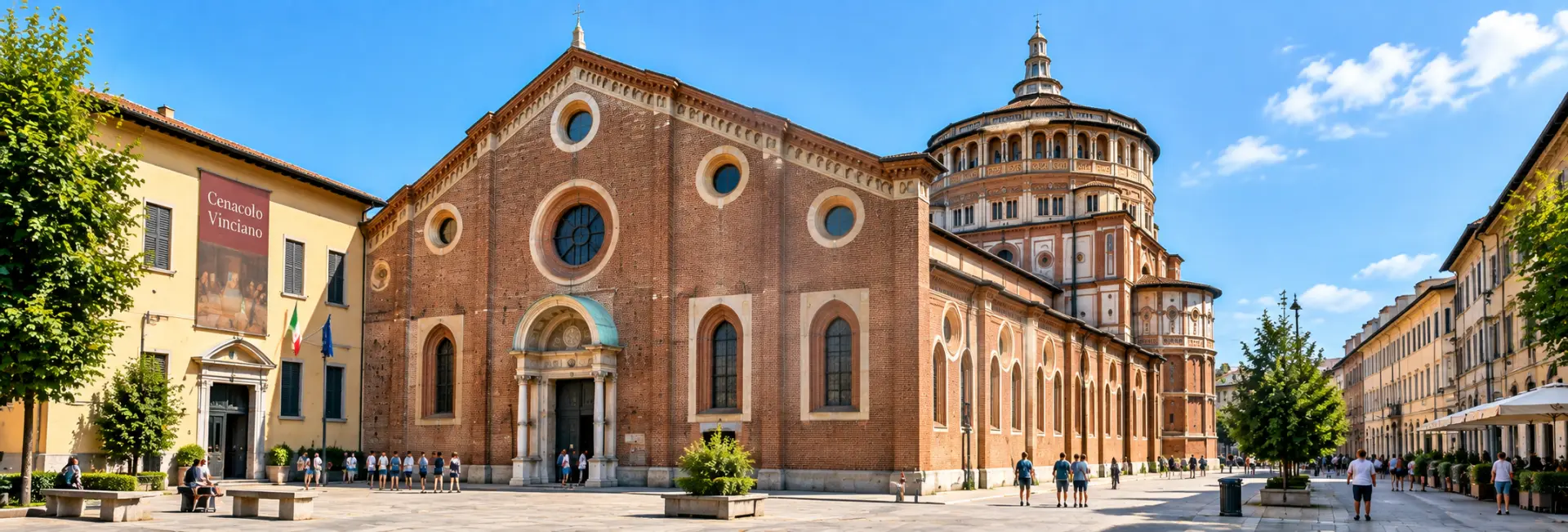 Santa Maria delle Grazie in Milan with its historic brick façade and Renaissance dome.