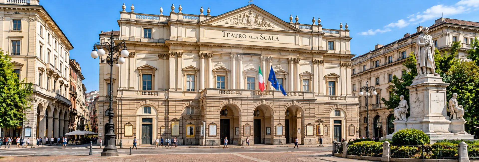 Teatro alla Scala in Milan with its grand neoclassical façade and lively Piazza della Scala.