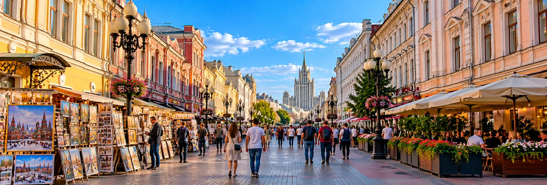 Arbat Street in Moscow lined with historic buildings, cafés and colorful street art