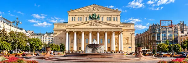 Bolshoi Theatre in Moscow with its grand neoclassical façade and fountain