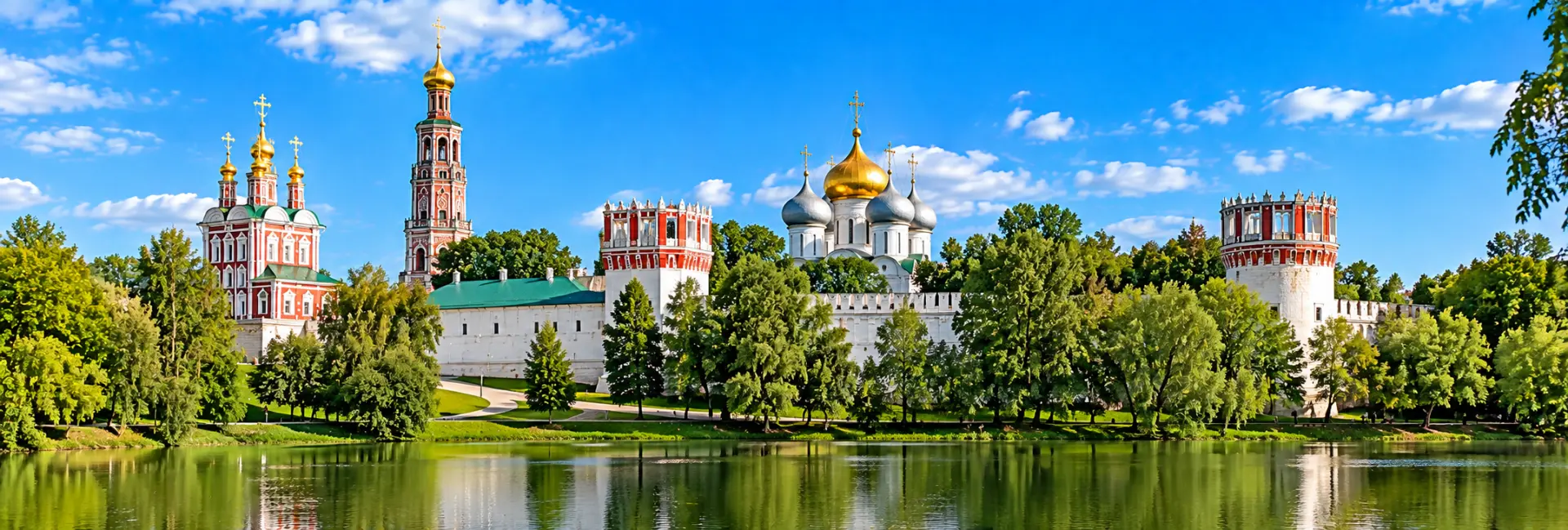Novodevichy Convent in Moscow with white walls, ornate towers and golden domes