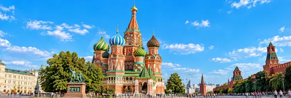 Saint Basil’s Cathedral with colorful onion domes on Moscow’s Red Square
