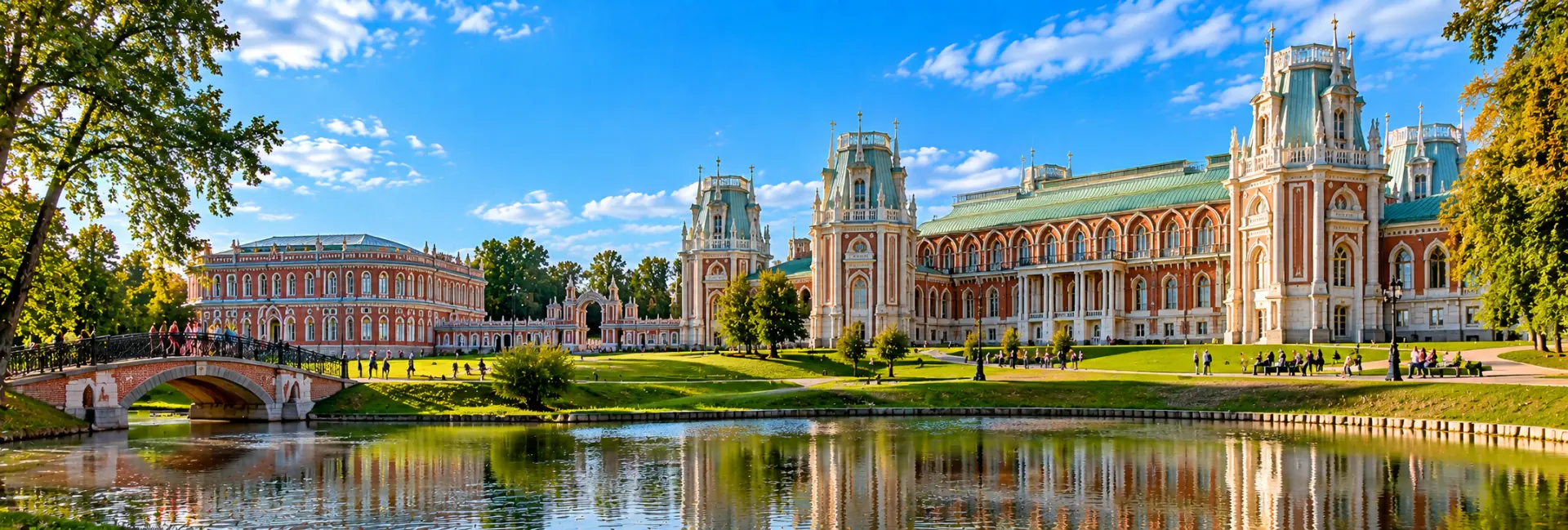Tsaritsyno Museum-Reserve in Moscow with ornate Neo-Gothic palaces and a scenic pond