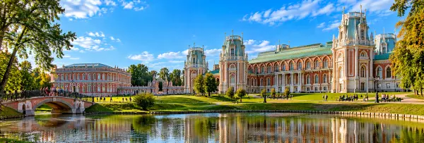 Tsaritsyno Museum-Reserve in Moscow with ornate Neo-Gothic palaces and a scenic pond