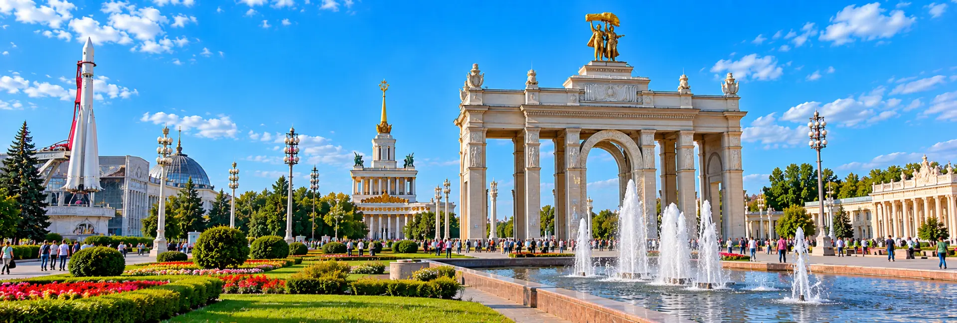 VDNKh in Moscow with its grand entrance, fountains, gardens and exhibition pavilions