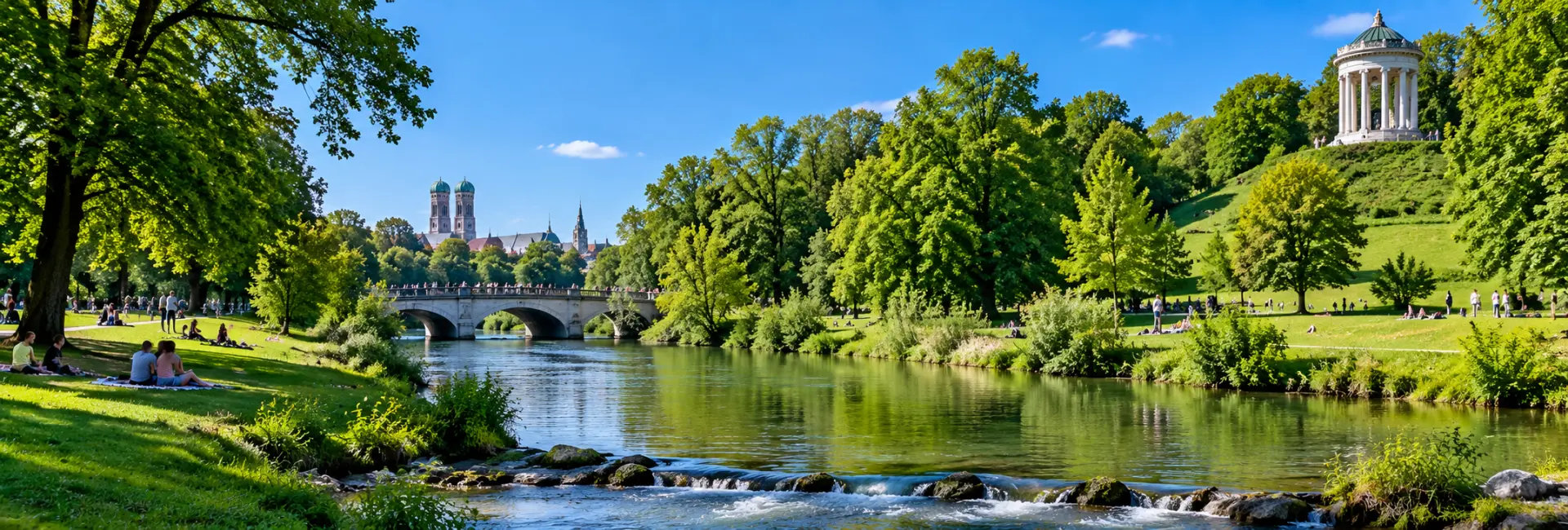 English Garden in Munich, Germany, with the Eisbach River, bridge, and Monopteros
