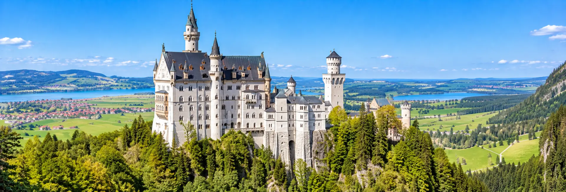 Neuschwanstein Castle in Bavaria, Germany, overlooking the scenic Alpine landscape