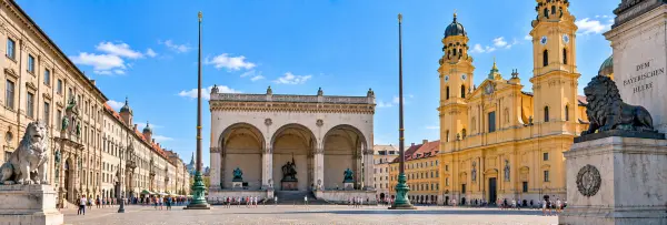 Odeonsplatz in Munich, Germany, with the Feldherrnhalle and Theatinerkirche