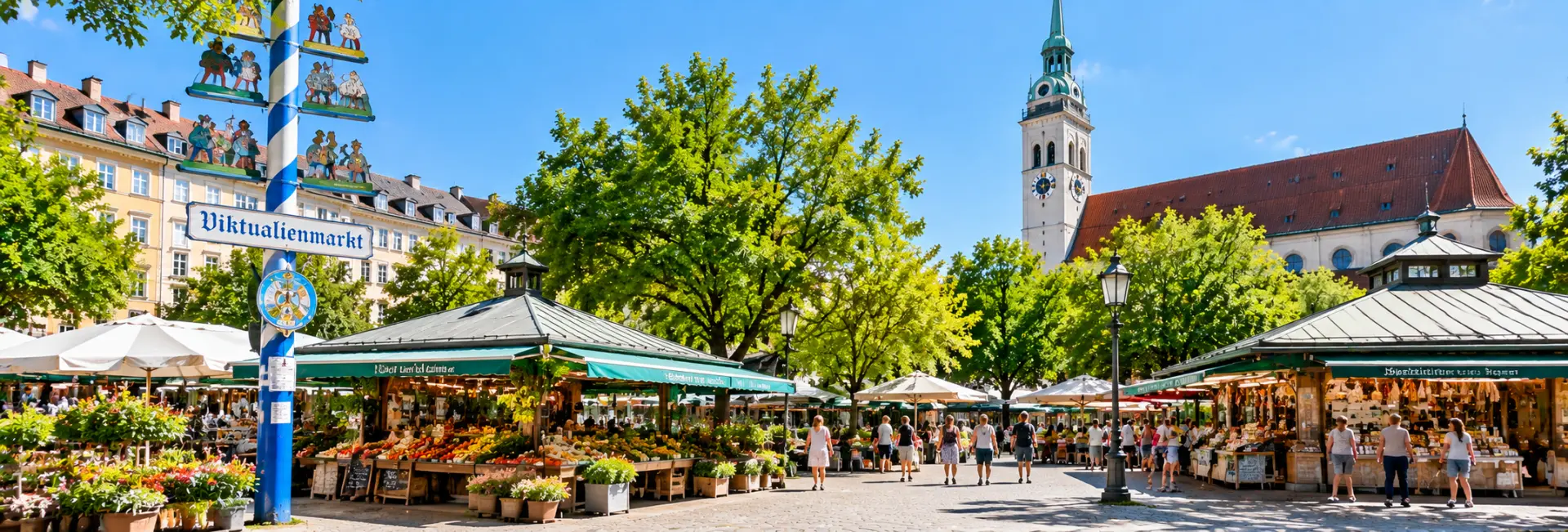 Viktualienmarkt in Munich, Germany, with colorful market stalls, fresh produce, and historic surroundings