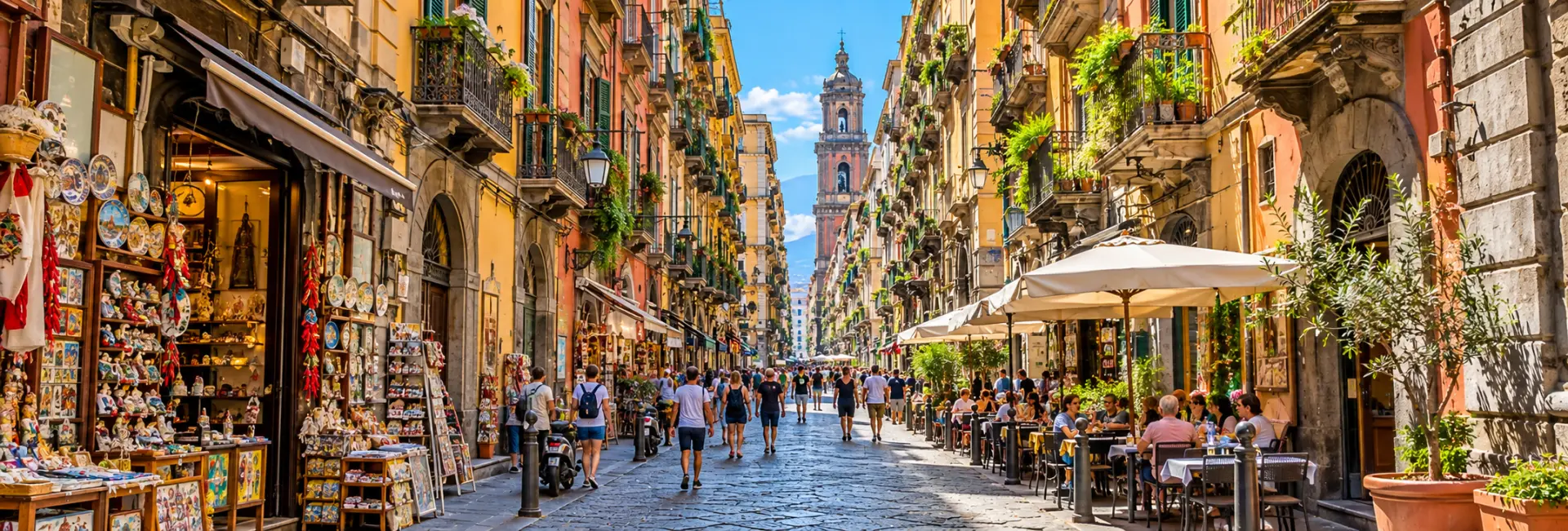 Spaccanapoli street in Naples with historic buildings, shops, cafés, and lively pedestrian activity
