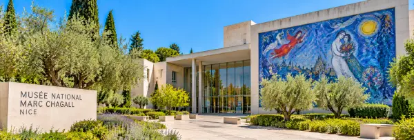 Marc Chagall National Museum in Nice, France, with its colorful mural and Mediterranean gardens