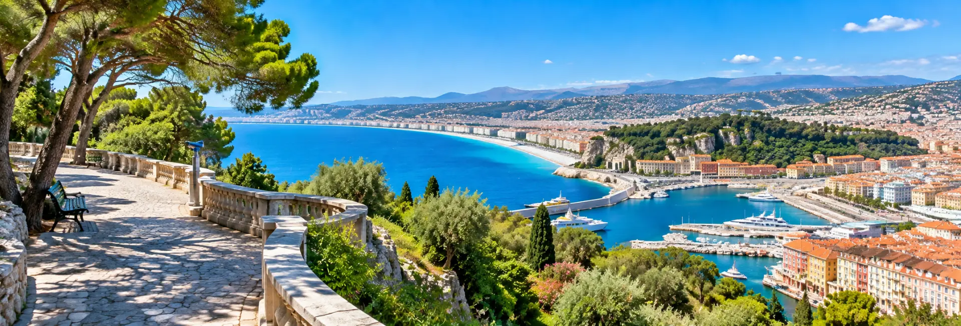 Parc de la Colline du Château overlooking Nice, its harbor, coastline, and Mediterranean Sea.