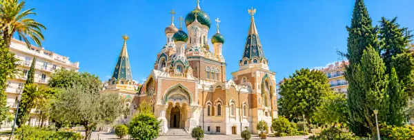 Russian Orthodox Cathedral in Nice, France, with ornate domes and colorful architectural details