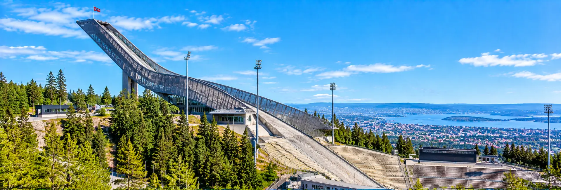 Holmenkollen Ski Jump in Oslo, Norway, overlooking the city and Oslo Fjord.