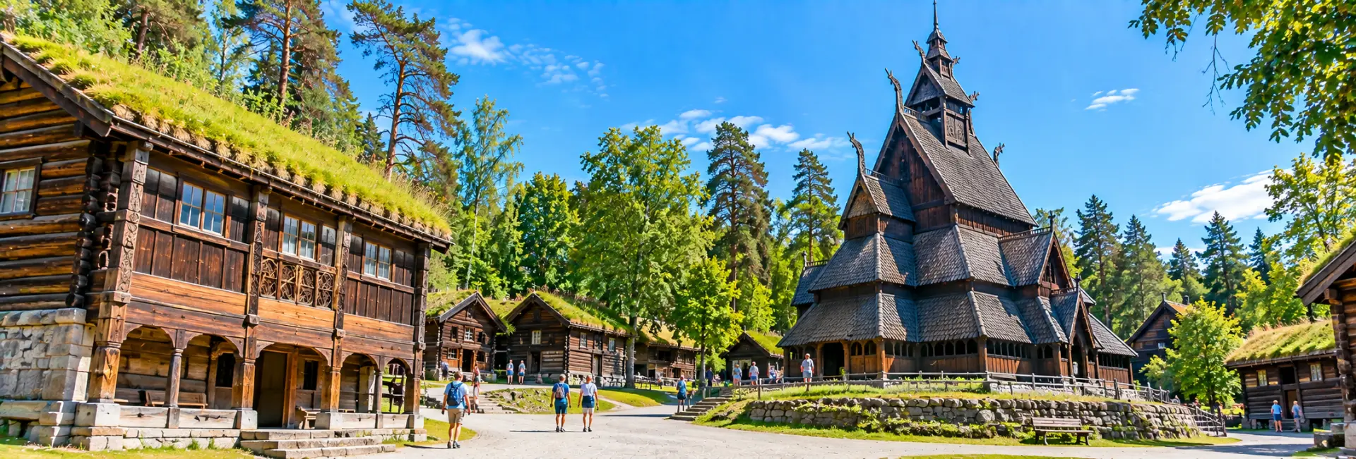 Norwegian Museum of Cultural History in Oslo, featuring traditional wooden buildings and a historic stave church.