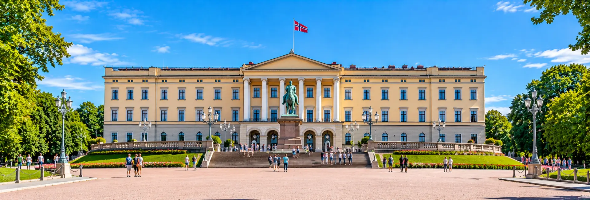 Royal Palace in Oslo, Norway, featuring its grand neoclassical facade and surrounding gardens.
