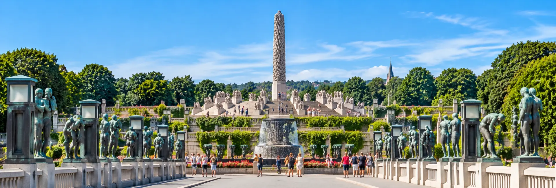 Vigeland Sculpture Park in Oslo, Norway, featuring sculptures, fountains, gardens, and the Monolith.