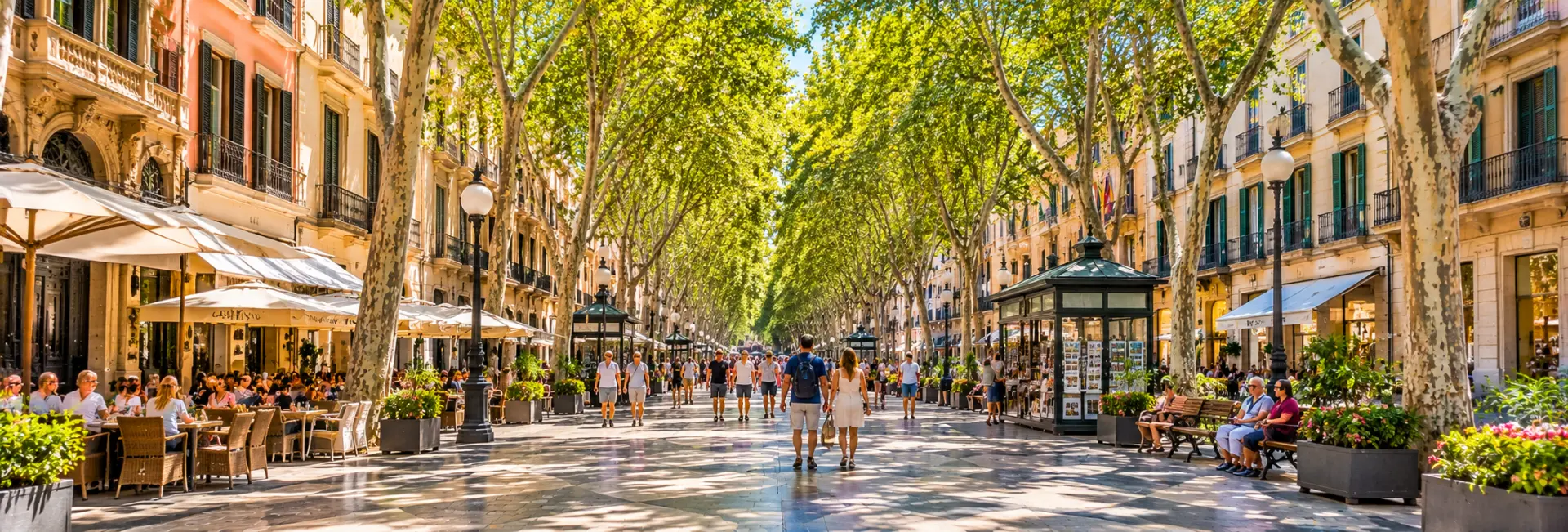 La Rambla in Palma de Mallorca, Spain, featuring a tree-lined promenade, outdoor cafés and historic buildings.
