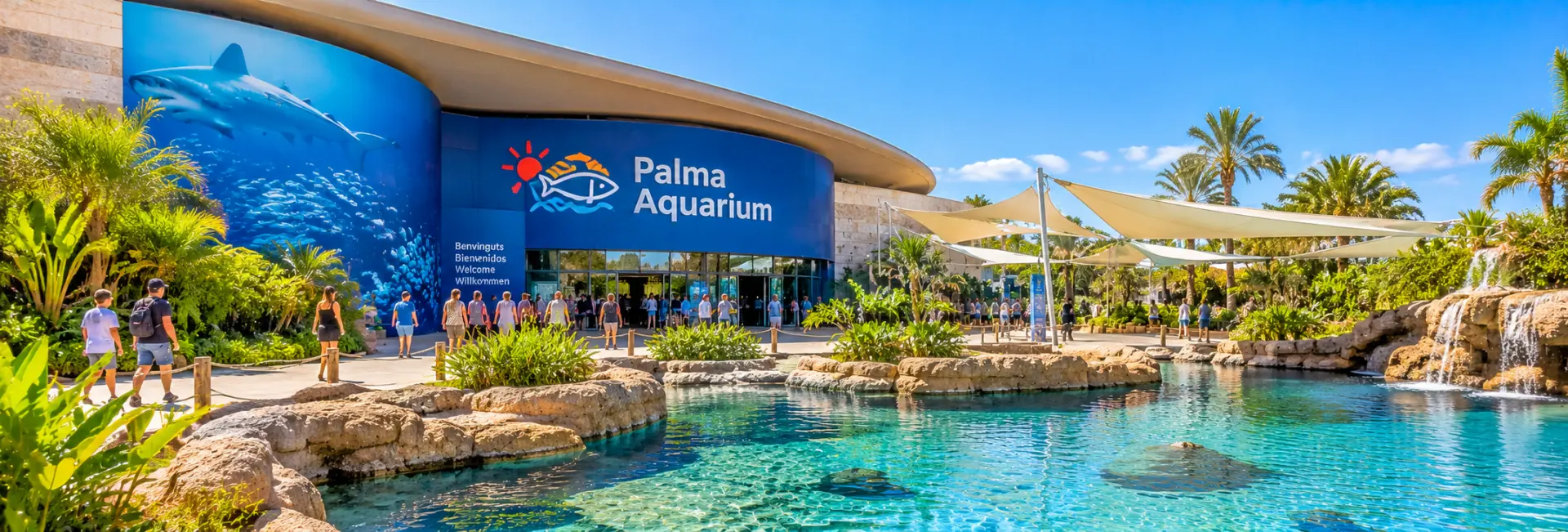 Palma Aquarium in Palma de Mallorca, Spain, featuring its entrance, tropical gardens and turquoise water features.