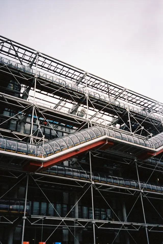 Exterior view of the Centre Pompidou with its distinctive exposed pipes and escalators