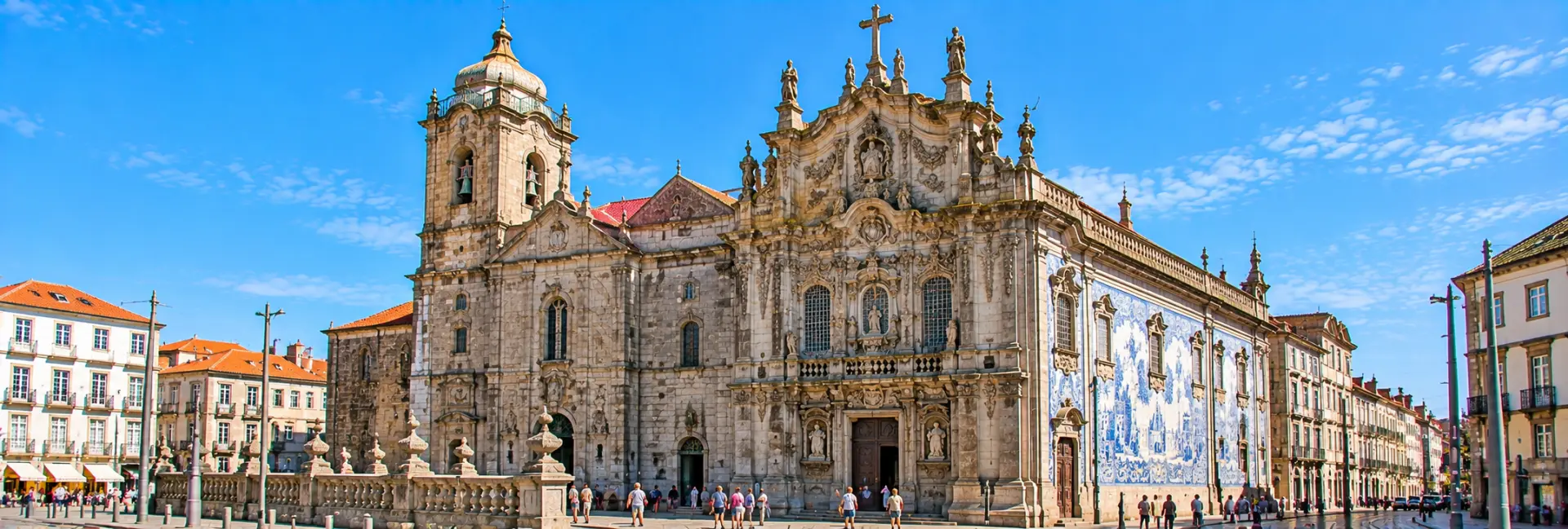 Church of São Francisco in Porto, Portugal, with an ornate stone façade and historic bell tower.