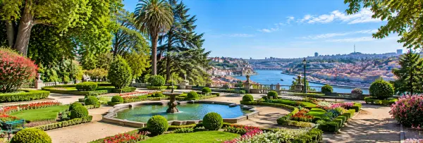 Jardins do Palácio de Cristal in Porto, Portugal, with landscaped gardens and views of the Douro River.