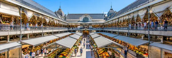 Mercado do Bolhão in Porto, Portugal, featuring traditional market stalls, fresh produce, and historic architecture.