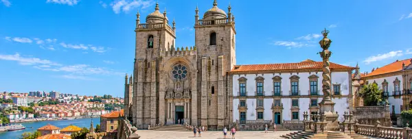 Porto Cathedral (Sé do Porto) in Porto, Portugal, featuring historic stone towers and ornate Romanesque architecture.