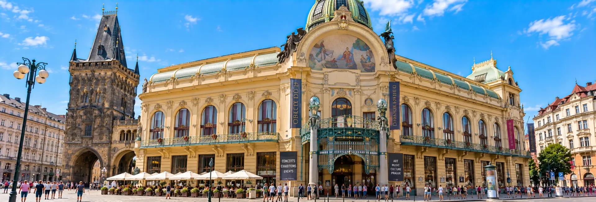 Municipal House in Prague with its ornate Art Nouveau façade and Powder Tower