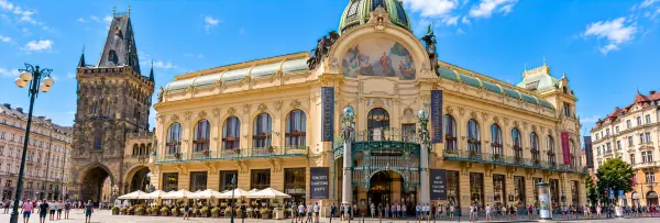 Municipal House in Prague with its ornate Art Nouveau façade and Powder Tower