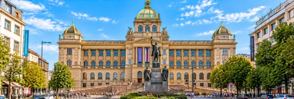 National Museum in Prague with its grand neo-Renaissance façade and St. Wenceslas monument