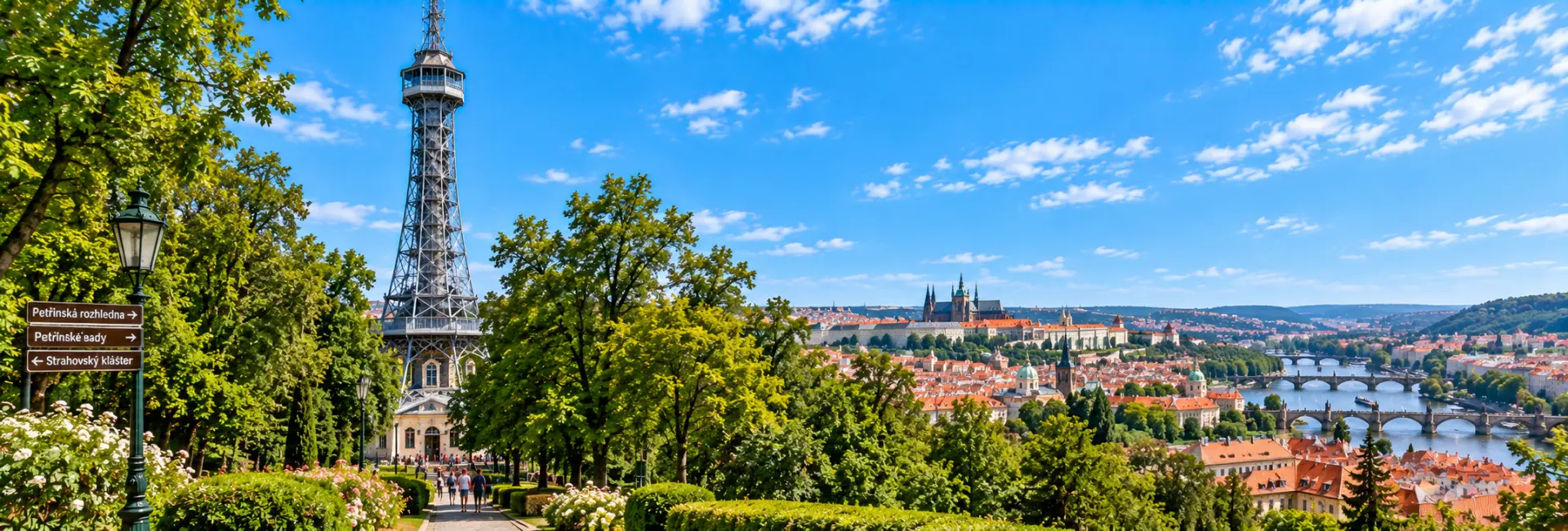 Petřín Tower on Petřín Hill overlooking Prague’s historic rooftops and Vltava River