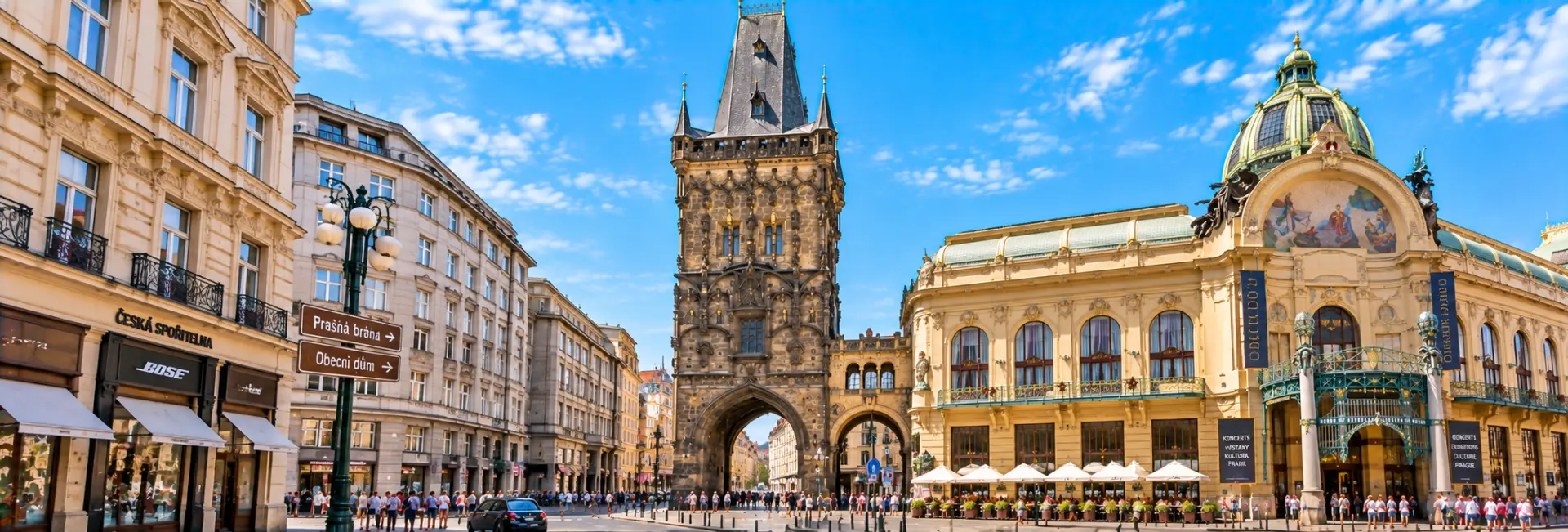 Powder Tower in Prague with its Gothic architecture and historic city streets