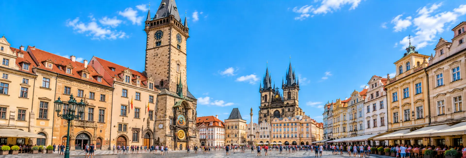 Full Prague Astronomical Clock tower overlooking the historic Old Town Square