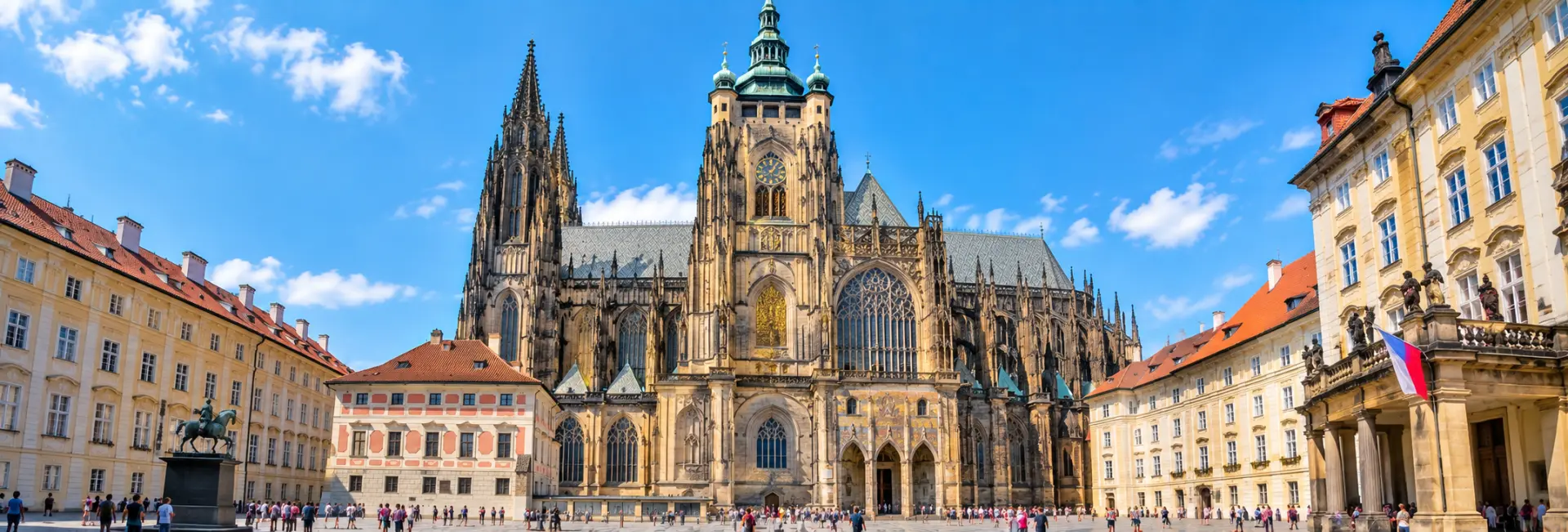 St. Vitus Cathedral at Prague Castle with its Gothic spires and ornate façade