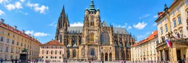 St. Vitus Cathedral at Prague Castle with its Gothic spires and ornate façade