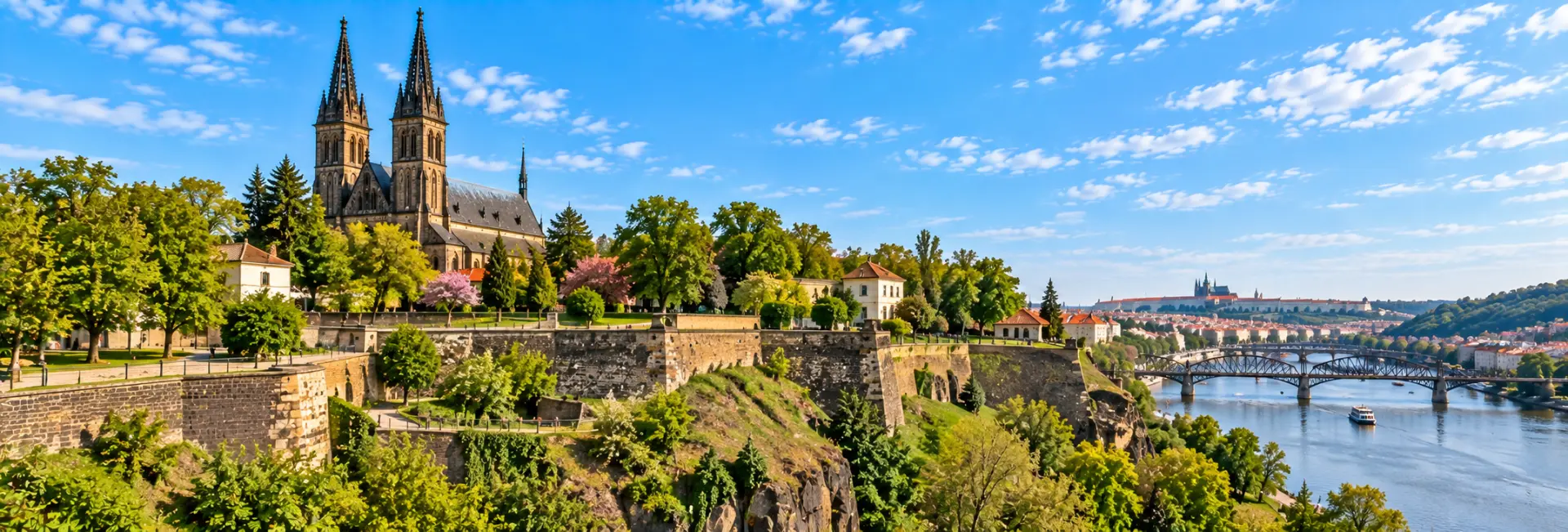 Vyšehrad fortress and Basilica of St. Peter and St. Paul overlooking the Vltava River in Prague