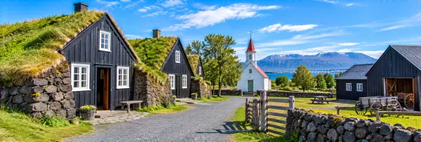 Árbær Open Air Museum in Reykjavík with traditional turf-roofed houses