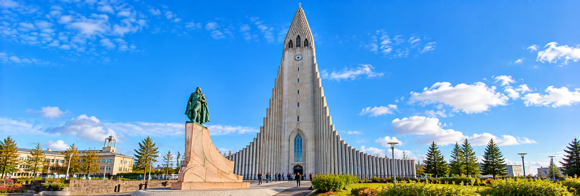 Hallgrímskirkja church in Reykjavík with its distinctive stepped concrete façade