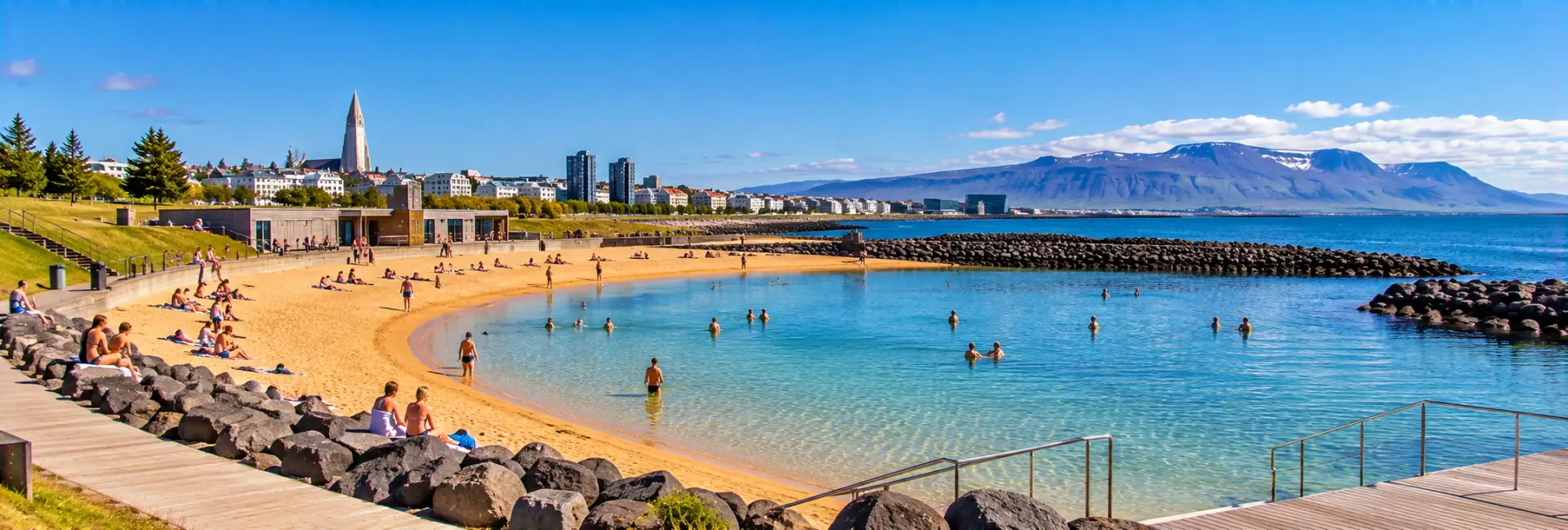 Nauthólsvík Geothermal Beach in Reykjavík with sandy shores, warm water and mountain views
