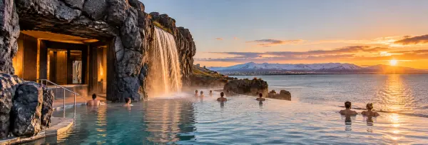 Sky Lagoon in Reykjavík with geothermal waters, volcanic rocks and mountain views