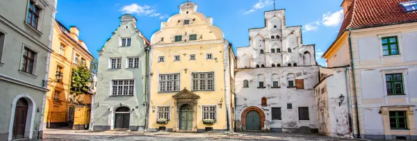 The Three Brothers in Riga, Latvia, featuring three historic houses with distinctive medieval architecture and façades.