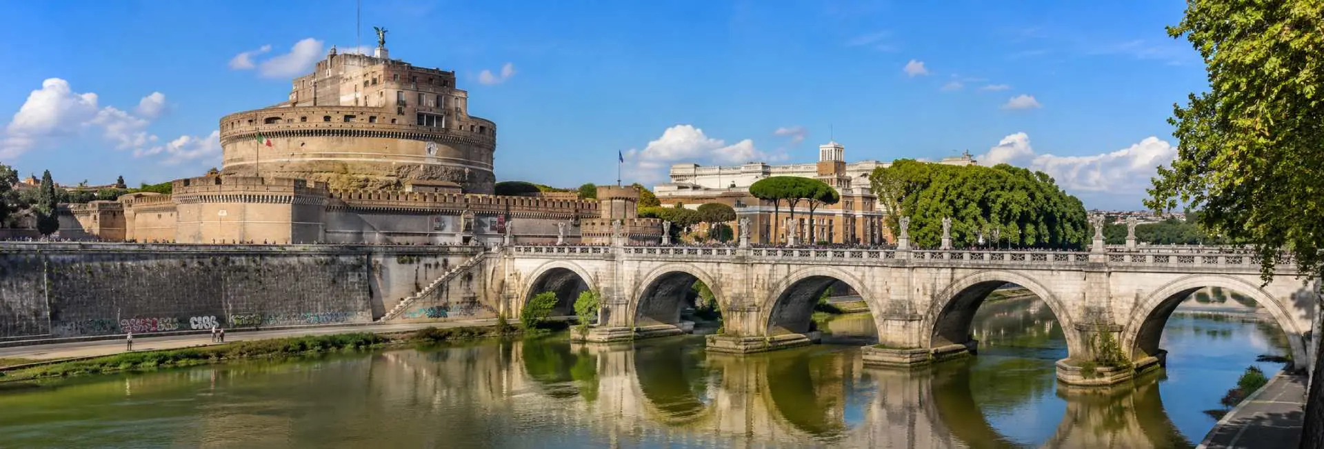 Castel Sant'Angelo beside the Tiber River and Ponte Sant'Angelo in Rome