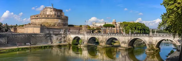 Castel Sant'Angelo beside the Tiber River and Ponte Sant'Angelo in Rome