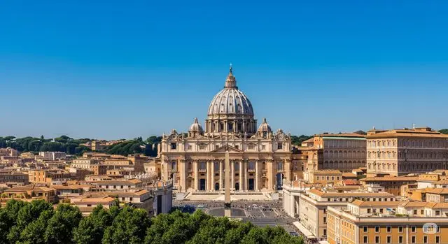 Panoramic view of St. Peter's Basilica and Vatican City under a clear blue sky