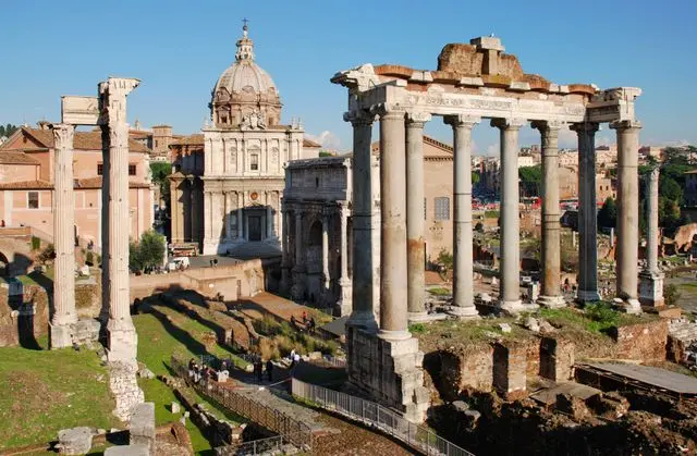Ancient Roman Forum with Corinthian columns and historic ruins