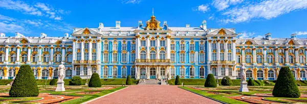Catherine Palace in St. Petersburg with its blue-and-gold Baroque façade and formal gardens