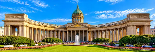 Kazan Cathedral in St. Petersburg with its grand colonnade and green dome