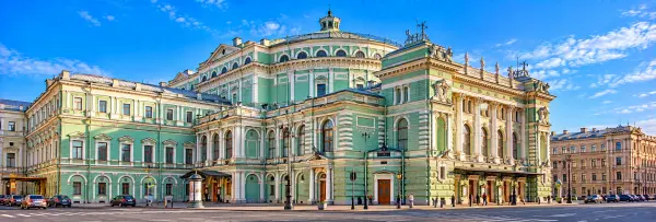 Mariinsky Theatre in St. Petersburg with its ornate mint-green and white façade