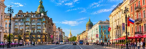 Nevsky Prospekt in St. Petersburg lined with historic buildings, shops and busy streets
